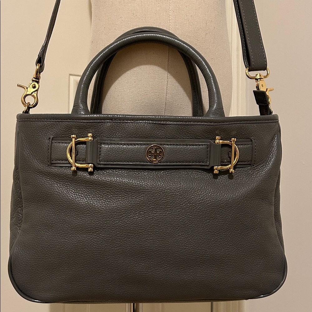 Tory Burch Gray Pebbled Leather Horsebit 2 Way Crossbody Hand Bag - Picture 13 of 13